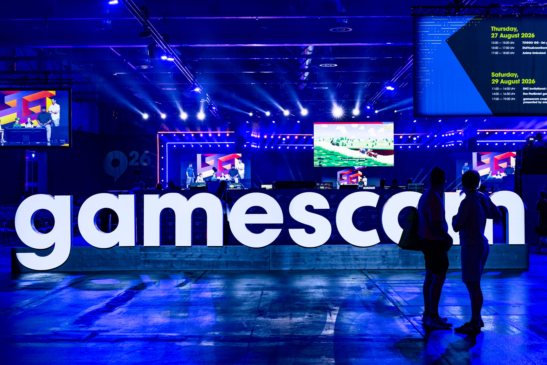 The Gamescom 2026 logo lit up on the exhibition floor at Koelnmesse in Cologne.