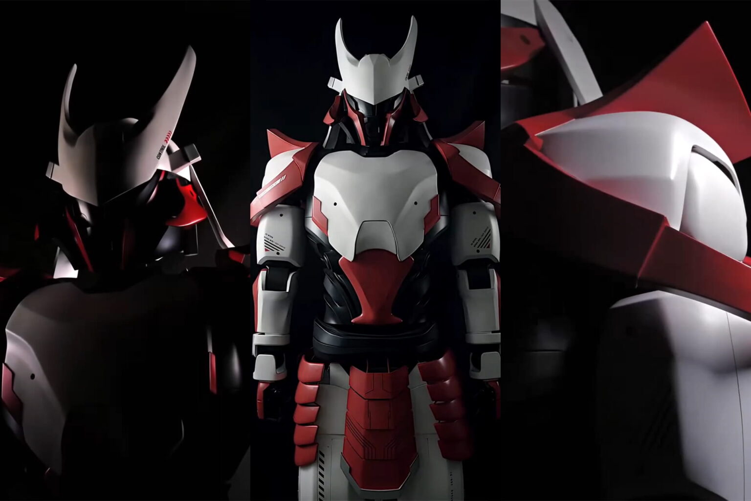 Rotaku's humanoid robot design shown in a three-panel composition on a black background.